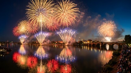 Fototapeta premium Spectacular fireworks illuminate the night sky above a river, reflecting vibrant colors on the water with a bridge and city in the background.