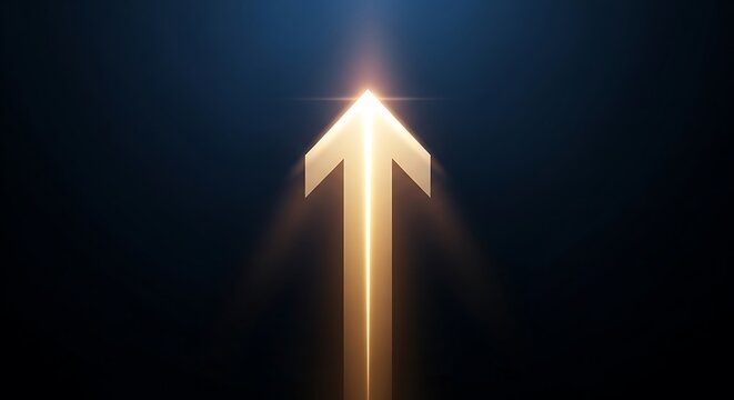 A glowing, upward-pointing arrow against a dark blue gradient background