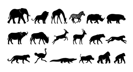African Savanna Wildlife Silhouette Collection with Zoo Animal Shapes for Safari Nature Conservation Vector Illustration © Tonmoy