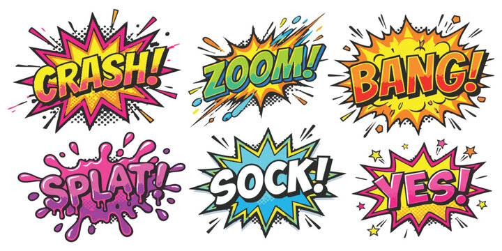 Set of colorful comic book speech bubbles with funny sound effects and expressions for creative design work
