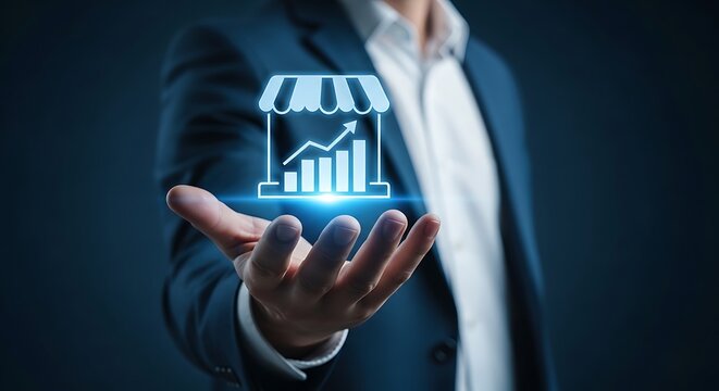 A hand presents a glowing shop icon with growing bar graph, implying business success