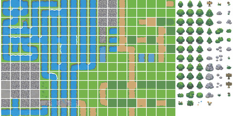 Top down 2D pixel art game map tileset with grass water road and nature elements for retro video game design © ZenVectors