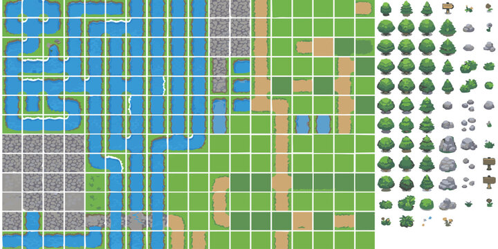Top down 2D pixel art game map tileset with grass water road and nature elements for retro video game design