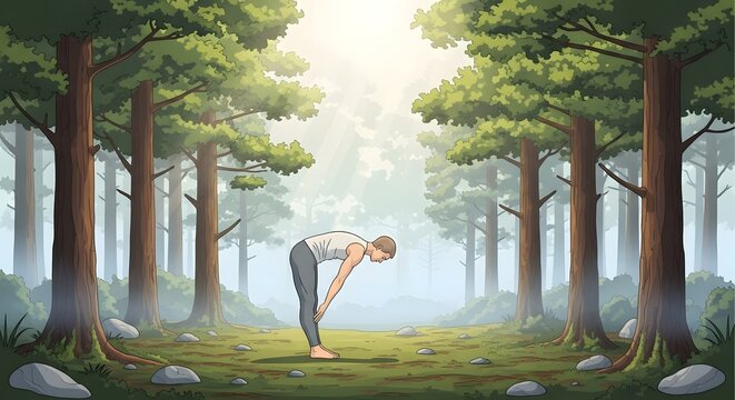 Person stretches their hamstrings in a peaceful forest clearing filled with soft morning light.