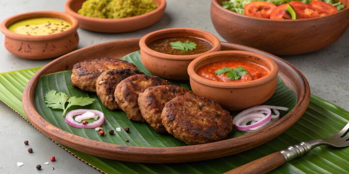 Delicious chapli kebab served on a banana leaf with vibrant sauces and sides for a stunning dining experience
