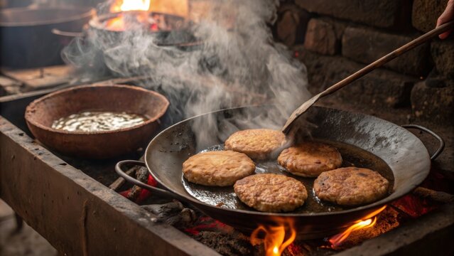 Chapli kebabs frying in hot oil over an open flame in a traditional kitchen setting