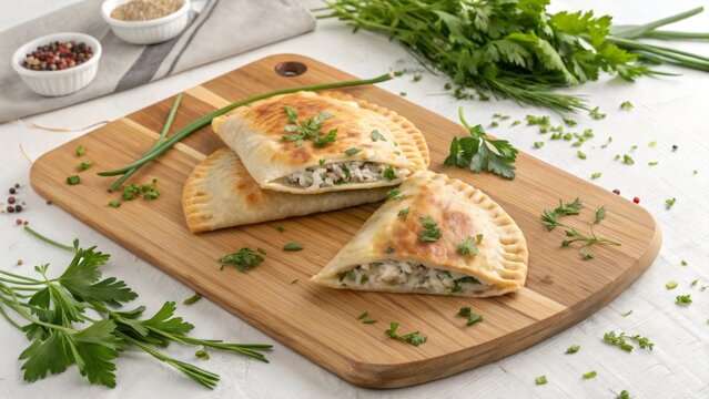 Delicious chebureki filled with herbs served on a wooden cutting board in a cozy kitchen setting
