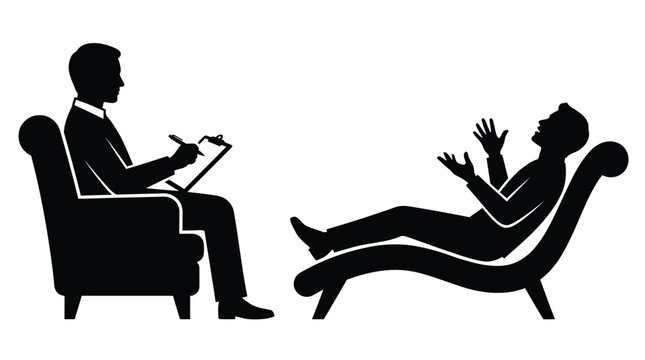 Professional psychologist taking notes while a patient talks during a therapy session vector graphic illustration