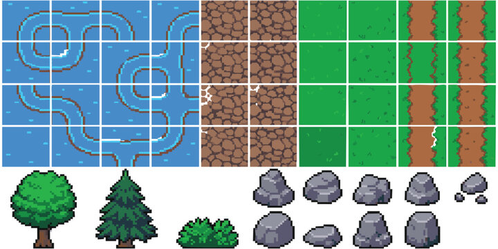 Pixel art game asset kit with terrain tiles and nature objects like trees and stones for development