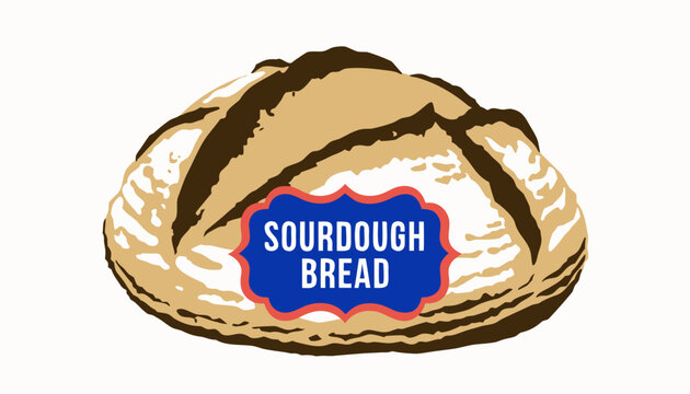 Very beautiful realistic vector of SOURDOUGH BREAD featuring a round artisan loaf with rustic scoring and a colorful label reading "SOURDOUGH BREAD", isolated on white background.