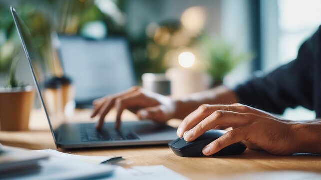 Professional hands using computer mouse and typing on laptop keyboard at modern home office workspace