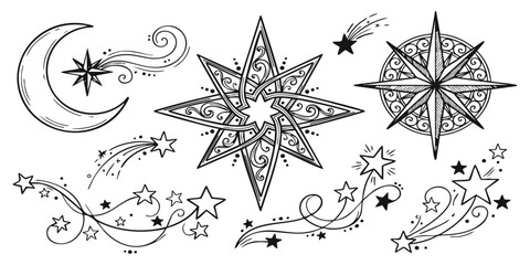 Set of hand drawn celestial elements with decorative stars moon and shooting stars in a sketch art style © ZenVectors