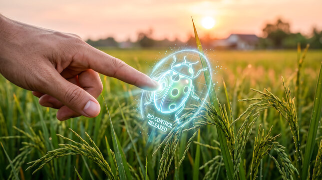 Digital bio control released system icon hovering on rice ear with farmer finger touch, ESG tech