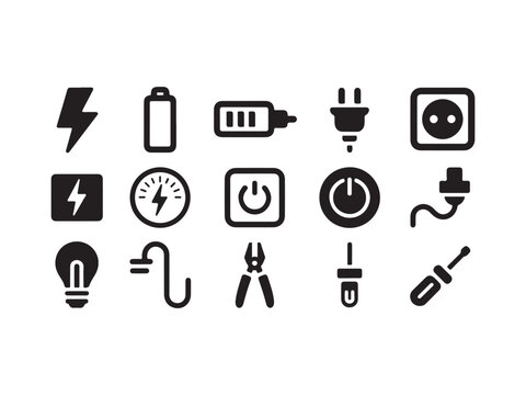 Electricity symbols icons set including battery power plug and electrical tools on white background  various technology and energy related graphics
