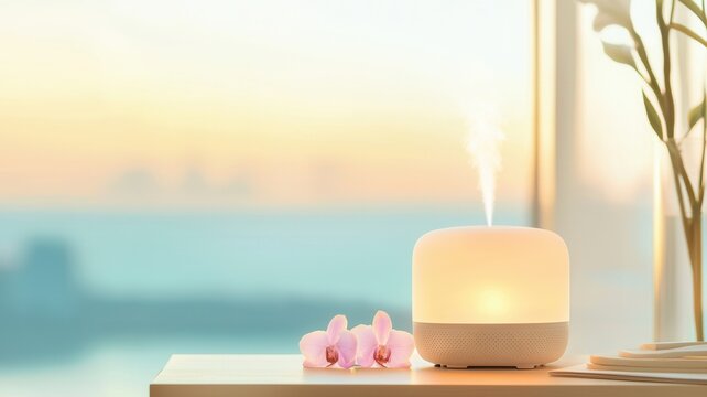 Aroma diffuser emitting vapor on table creating relaxing spa atmosphere with soft light and orchid flowers