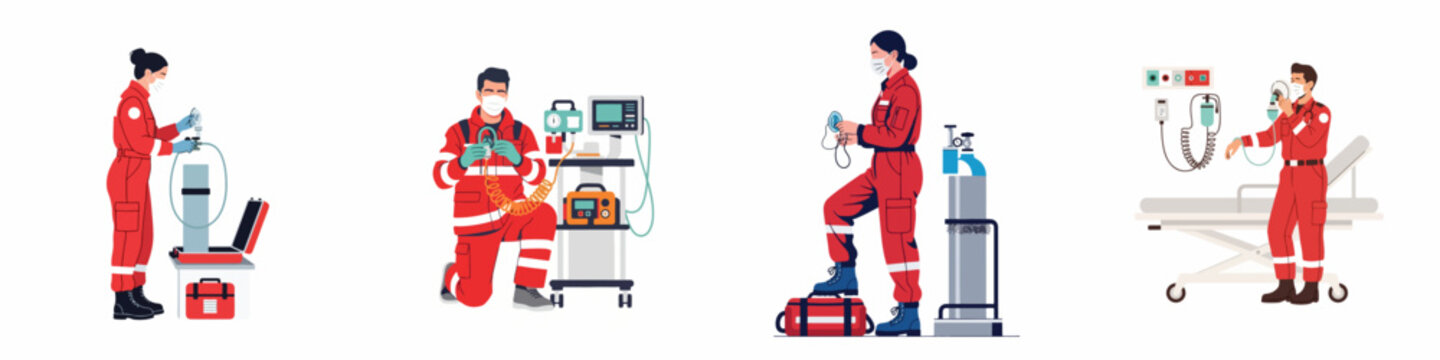 Set of paramedics in red uniforms using medical equipment like oxygen tanks and masks, flat vector illustration on a white background.