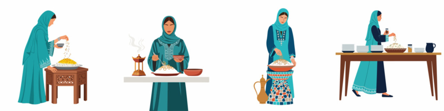 Set of illustrations depicting Arab women in traditional blue clothing preparing and serving traditional Middle Eastern rice dishes like Kabsa or Mandi.