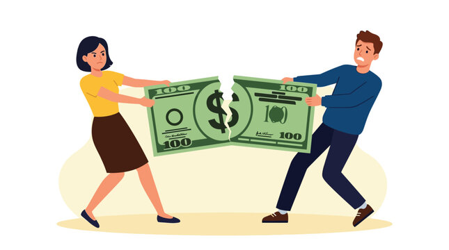 Angry man and woman pulling apart a green dollar bill in this flat vector illustration