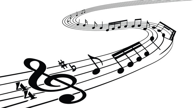 Elegant black and white music staff vector illustration featuring flowing melodic notes and sharp symbols