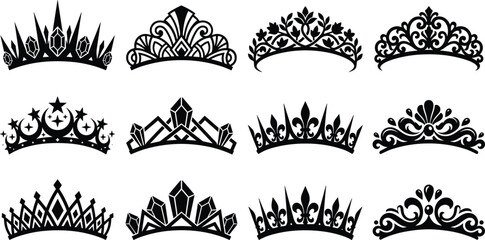 Set of twelve elegant crown and tiara silhouettes for royal, wedding, and princess fashion design image_06dbe0.png © MdSaiful