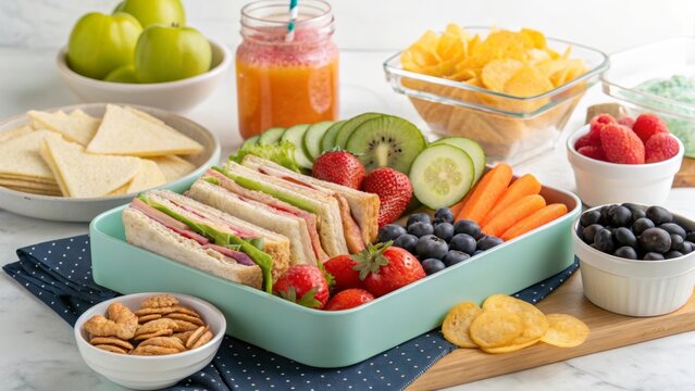 Colorful lunch spread featuring sandwiches, fruits, and snacks on a marble countertop
