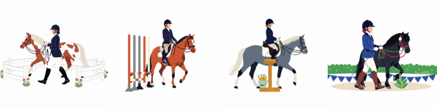 Flat vector illustration set of equestrian activities featuring riders, horses, and ponies in various settings like training, jumping, and competition.