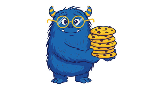 Friendly blue monster wearing glasses holding a stack of cookies