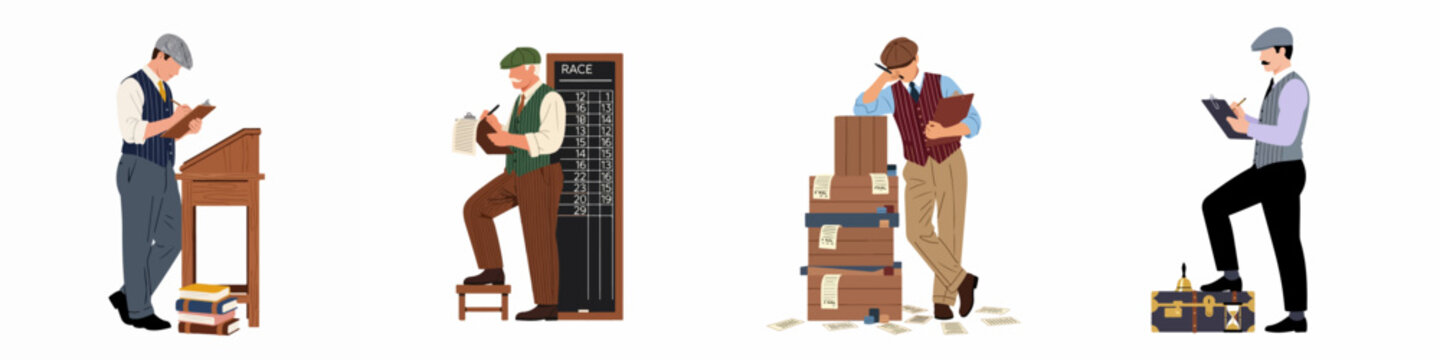 Set of vintage style bookmakers and betting clerks in flat illustration, recording horse race results and handling wagers in a retro aesthetic.