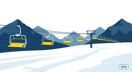 Yellow ski lift chairs ascending a snowy mountain slope © Sesel