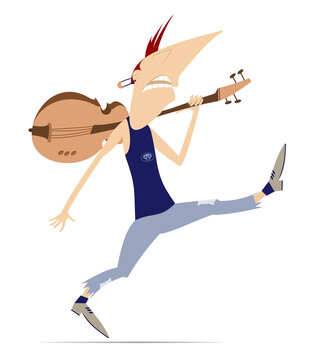 Funny guitarist walking with a guitar on a shoulder