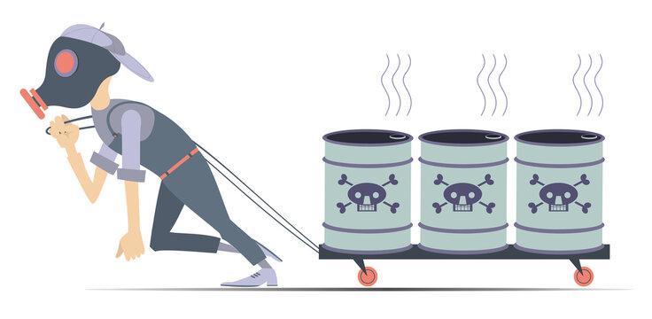 Toxic agent in the barrels and worker in the gas mask 