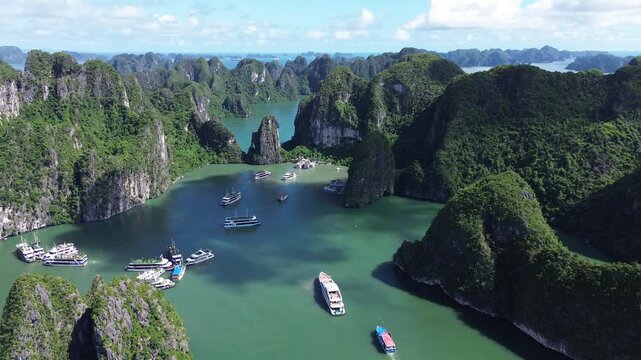 Aerial 4K Drone Footage Ha Long Bay Vietnam Limestone Karst