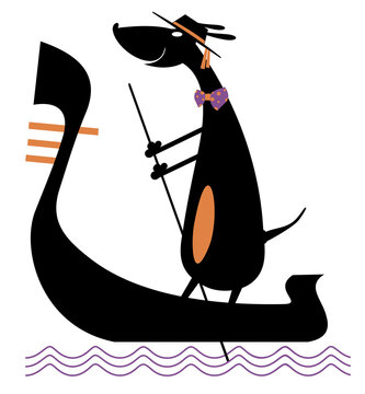 Cartoon dog rides on gondola. Isolated on white background