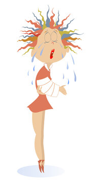 Tears and pain. Crying girl with broken hand.  