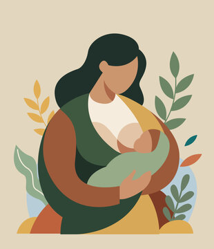 Minimalist flat illustration of a mother nursing a newborn baby among botanical leaves. Earth-toned graphic perfect for maternal health, lactation advocacy, and parenting blogs.