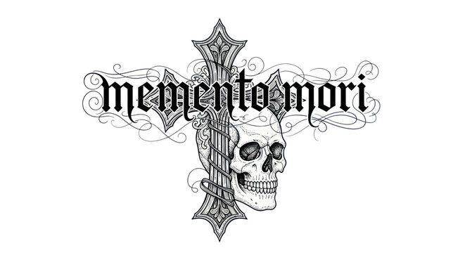 Memento mori skull with gothic cross and ornate calligraphy