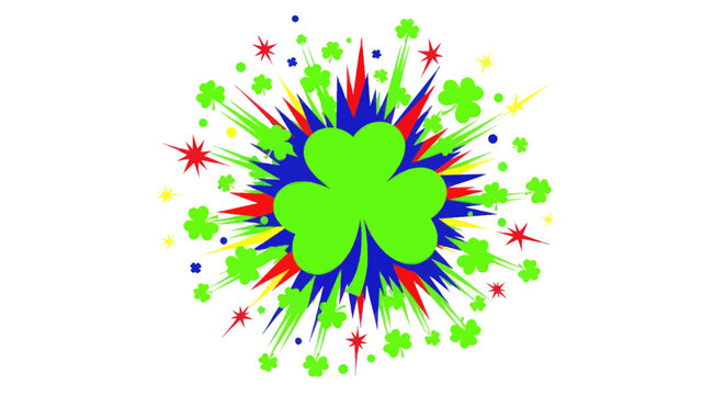 Green shamrock with colorful festive burst and star shapes