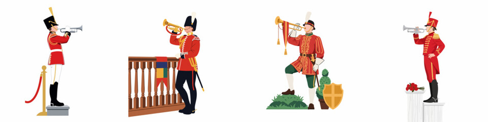 Collection of ceremonial trumpeters and buglers in various historical military and heraldic uniforms. © Slamet