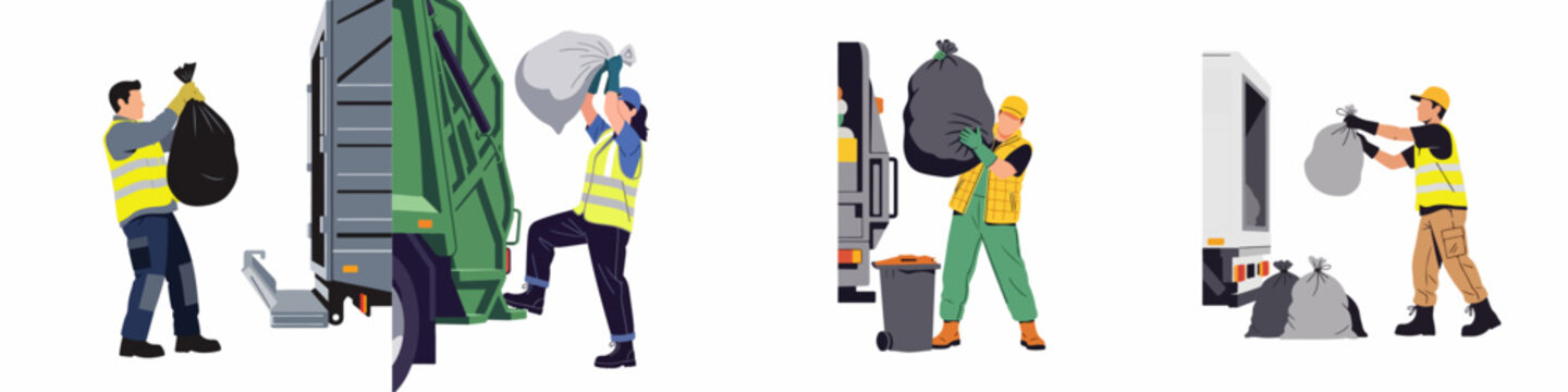 Set of diverse sanitation workers loading garbage bags into refuse trucks, flat vector illustration isolated on white background.