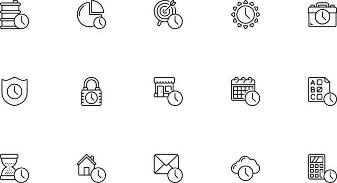 Minimalist outline vector icons featuring time and scheduling concepts with clocks attached to pie charts target goals security padlocks and store buildings