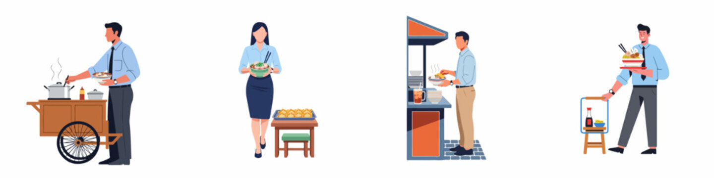 Set of flat vector illustrations depicting office workers enjoying traditional street food like bakso during their lunch break.