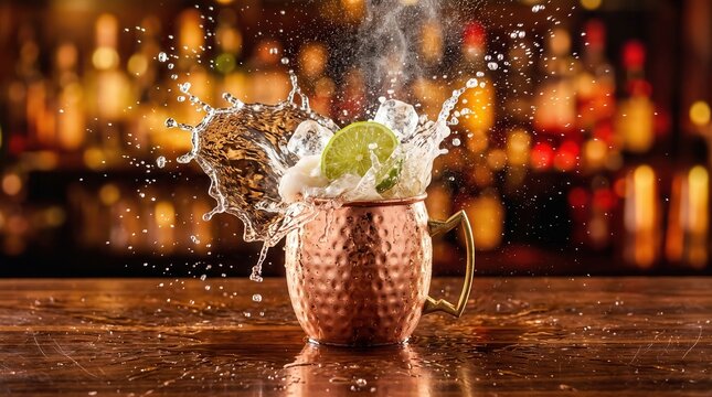 Copper moscow mule mug with lime splash on bar counter cocktail refreshing