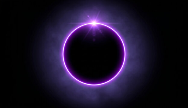 solar eclipse with purple glowing light and lens flare effect dark background