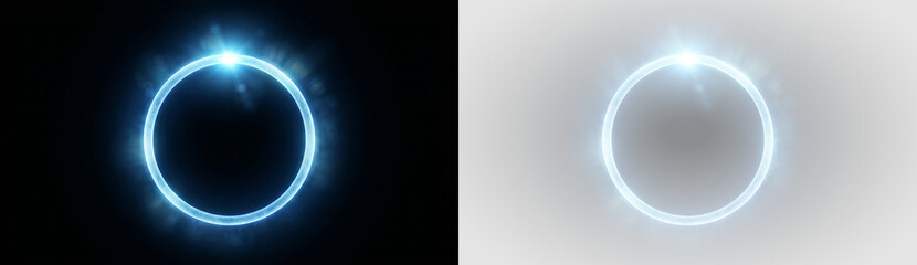 Obraz premium pair of glowing blue neon rings with flare effect isolated on black background
