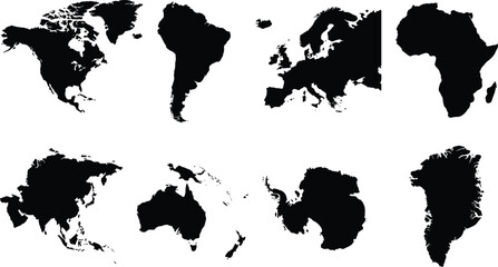 Set of world continent map silhouettes including North America, South America, Europe, Africa, Asia, Australia, Antarctica, and Greenland image_fc6e57.png © MdSaiful