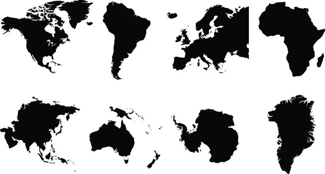 Set of world continent map silhouettes including North America, South America, Europe, Africa, Asia, Australia, Antarctica, and Greenland image_fc6e57.png