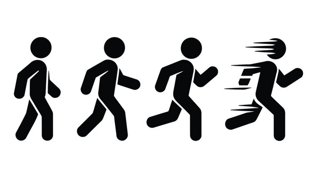 Progression of human speed icons showing transition from walking to running with motion blur effect