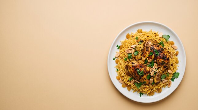 Traditional Arabian Chicken Kabsa Rice with Roasted Nuts and Raisins served on a White Plate over Beige Background, Flat Lay Food Photography with Copy Space for Text