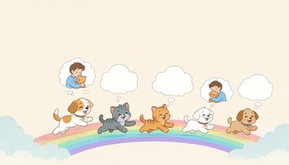 Naklejka premium Cartoon children and animals running on a rainbow on a beige background, playful learning, kids fun, cheerful design, imagination.