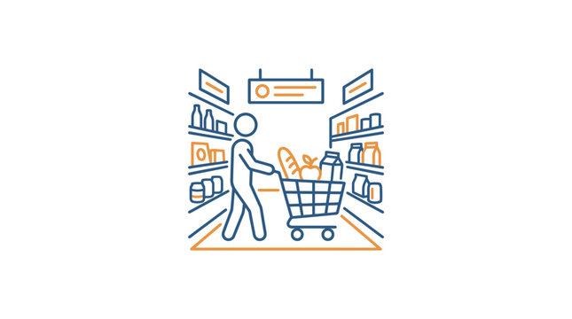 Shopper Pushing Cart Through Supermarket Grocery Aisle